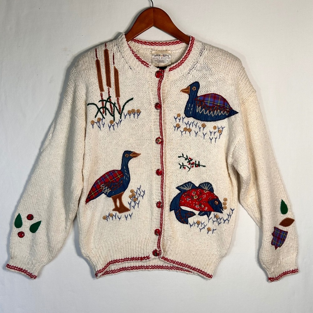 Susan Bristol Vintage 1992 Hand Embroidered Duck Fish Cardigan Sweater Womens M